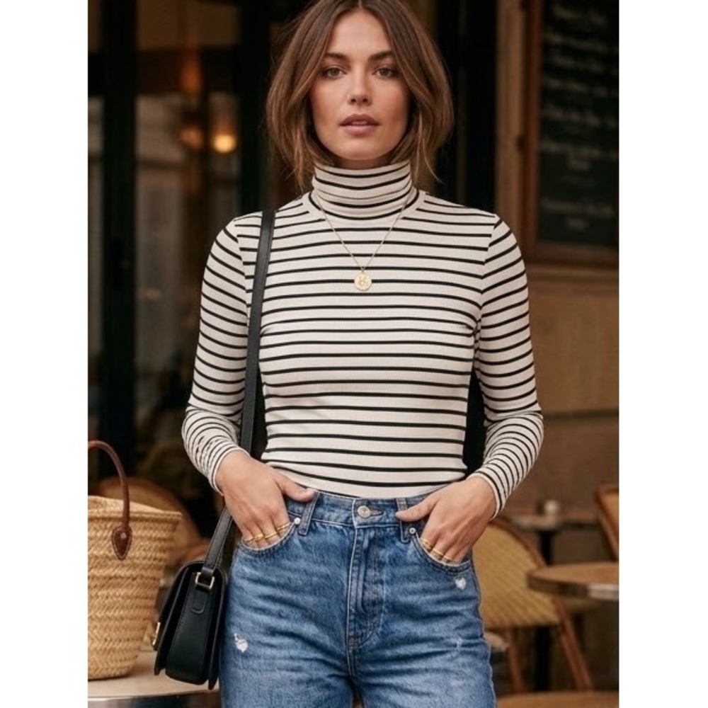 J.Crew Womens Navy White Striped Cotton Turtleneck Long Sleeve Top Small